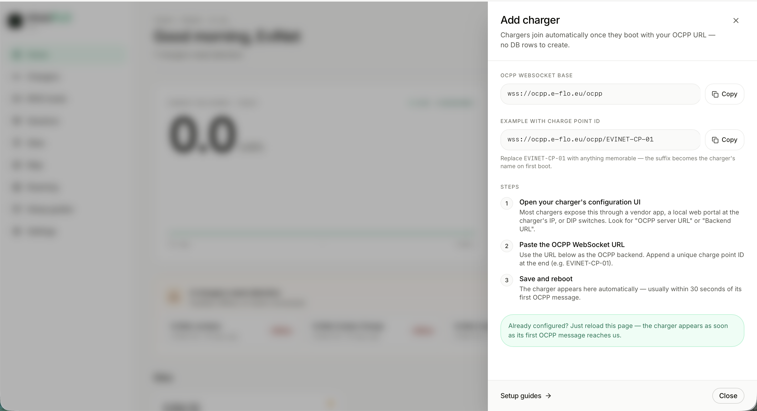 The Add charger panel in the MobiFLO operator console showing the OCPP WebSocket URL with a copy button and the three configuration steps