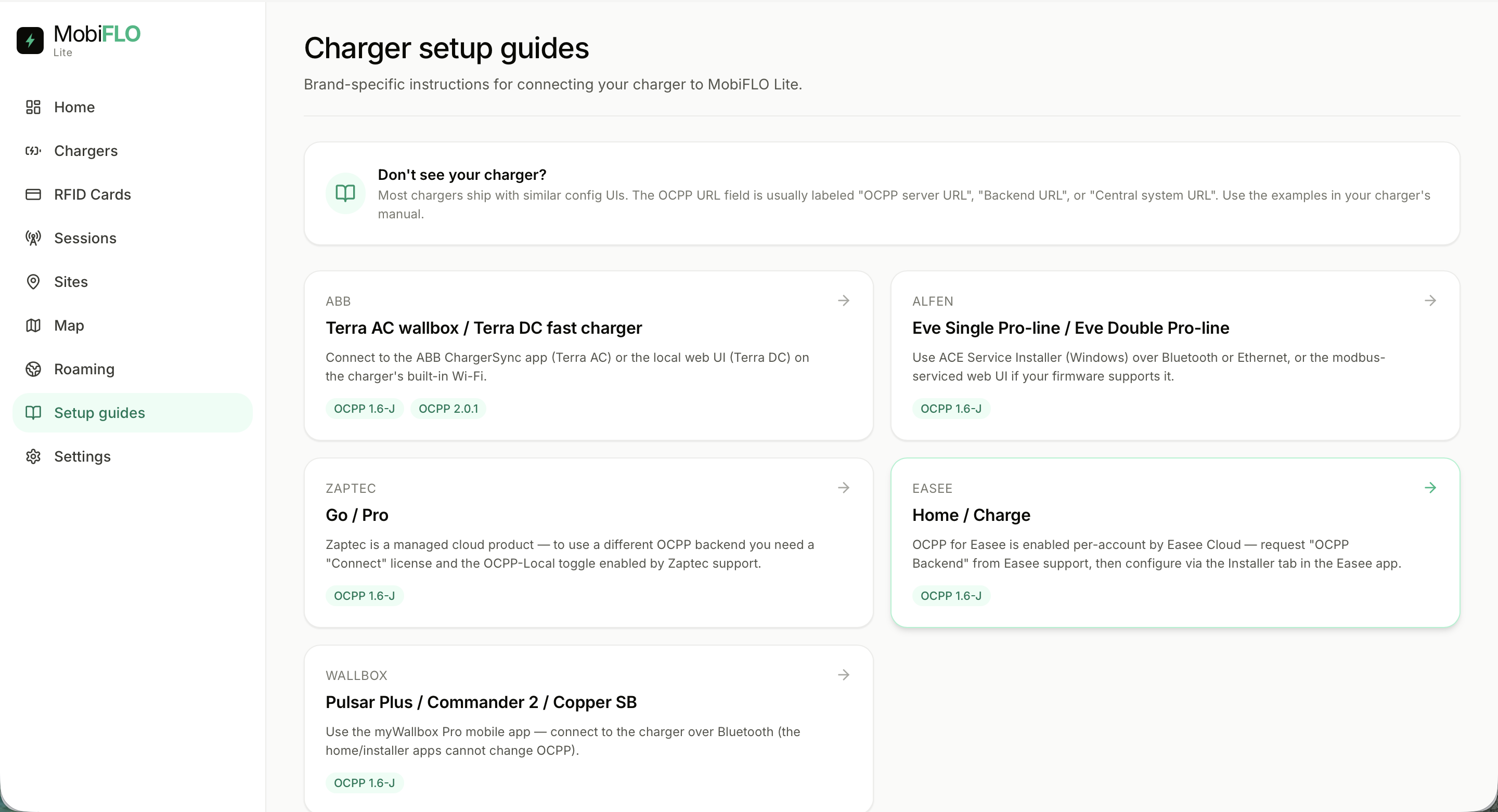 Charger setup guides in MobiFLO with brand-specific instructions for ABB, Alfen, Zaptec, Easee and Wallbox